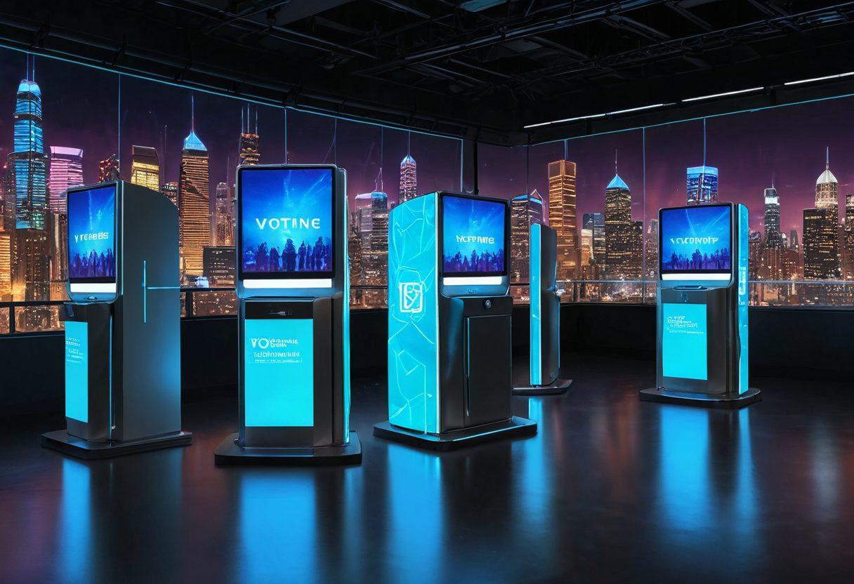 A futuristic voting booth with digital screens showcasing online voting interfaces, surrounded by diverse citizens engaging with technology for elections. Include elements like locks and shields symbolizing security, and visual cues representing accessibility for all, such as ramps and assistive devices. The background can highlight a city skyline with tech features like holograms. cyberpunk. vibrant colors. 3D.