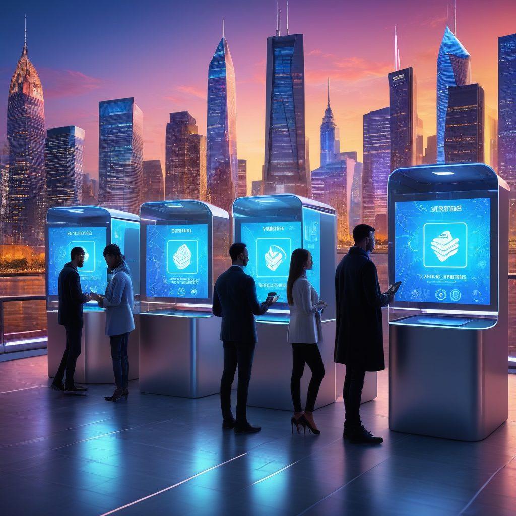 A futuristic voting booth with holographic displays showcasing secure e-voting technology. Diverse citizens engaged in digital civic engagement on tablets and smartphones, surrounded by vibrant icons representing democracy, security, and community. Bright city skyline in the background illustrating technological advancement. super-realistic. vibrant colors. 3D.