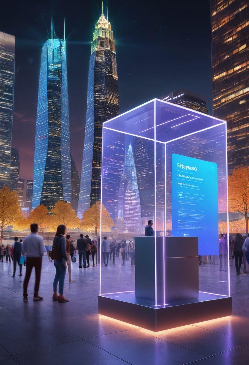 A futuristic voting booth with holographic displays showcasing secure blockchain technology. Surrounding the booth, diverse voters of different ages and ethnicities are engaging with the interactive system, emphasizing transparency and innovation. A city skyline in the background symbolizes progress and modernity. Bright, inviting colors highlight the optimism of a virtual democracy. 3D, vibrant colors.